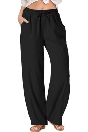 TOPYOGAS Womens High Waist Drawstring Stretch Casual Pants Summer Loose Pants Straight Trousers with Pockets Black - Image 1