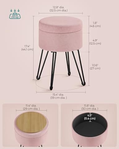 SONGMICS Vanity Stool Chair, Small Ottoman Stool with Storage, Vanity Chair, 15.4 Dia. x 17.4 Inches, 4 Metal Legs, for Makeup Room, for Living Room, Bedroom, Jelly Pink ULOM002R01 - Image 5