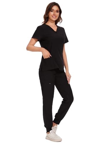 COZYFIT Scrubs for Women - V-Neck Top & Cargo Pants Scrubs Set with 10 Pockets - Black, M - Image 3