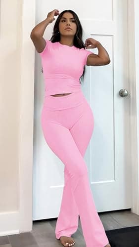 YETOWA Women's 2 Piece Lounge Outfits with Slim Short Sleeve Tops and Low Rise Flare Leggings Sets Versatile Yoga Fall Sweatsuit - Image 6