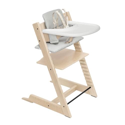 Stokke Tripp Trapp High Chair 2 (Natural), Cushion 2 (Nordic Grey) + Stokke Tray (White) - Includes Chair + Baby Set with Removable Harness for Children 6-36 Months - Image 1