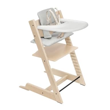 Stokke Tripp Trapp High Chair 2 (Natural), Cushion 2 (Nordic Grey) + Stokke Tray (White) - Includes Chair + Baby Set with Removable Harness for Children 6-36 Months - Image 1