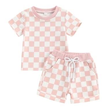 FOCUSNORM Toddler Baby Girl Outfit Newborn Girl Summer Clothes Short Sleeve T Shirt Checkerboard Top Set Elastic Waist Shorts (Checkerboard Pink, 18-24 Months) - Image 1