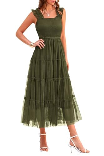 PRETTYGARDEN Women's Summer Midi Tulle Dress Sleeveless Smocked Square Neck Ruffle Flowy Party Wedding Guest Sundress (Army Green,Medium) - Image 1
