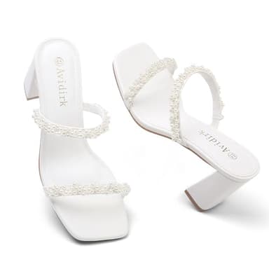 Avidirk Pearl White Heels Sandals Women's Square Open Toe Heeled Sandals Two Strap Mules Slip On Block Chunky Mid Heeled - Image 2