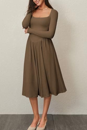 CHYRII Womens Spring Fashion 2025 Square Neck Long Sleeve Casual A-Line Midi Dress Brown XL - Image 4