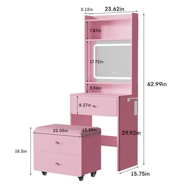 Vabches Small Vanity Desk Set with 3 Adjustable Lighted Mirror and Storage Chair, Vanity Set with Charger Station, Small Spaces Vanity Table for Bedroom，Pink - Image 4