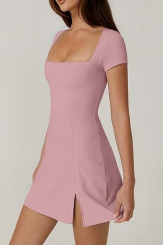 QINSEN Short Sleeve Athletic Dress for Women High Waist Side Slit Tennis Dress Built in Shorts Golf Active Dresses Pink M - Image 4