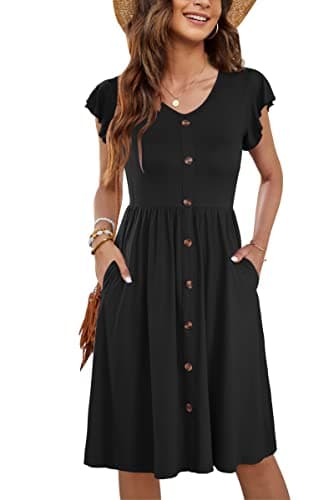 WNEEDU Women Summer Dresses Sleeveless Casual Loose Swing Button Down Midi Dress with Pockets(Black,L) - Image 1