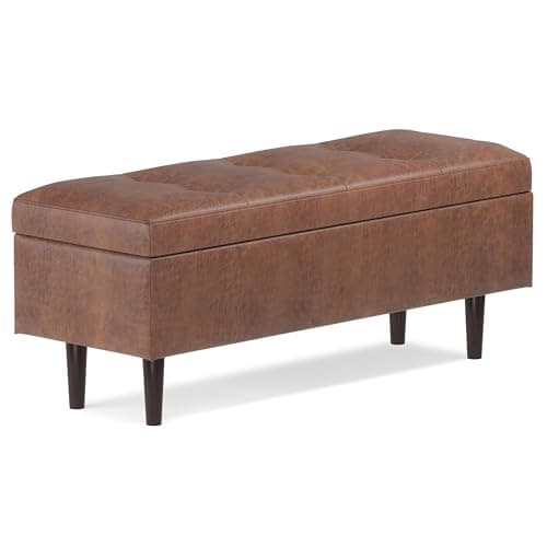 SIMPLIHOME Shay 48 inch Wide Mid Century Modern Rectangular Storage Ottoman in Distressed Saddle Brown Vegan Faux Leather, Assembled, For the Living Room, Entryway and Family Room - Image 1