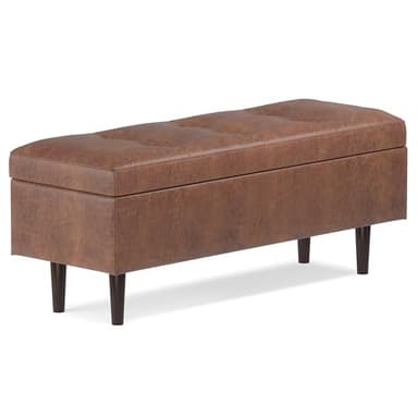 SIMPLIHOME Shay 48 inch Wide Mid Century Modern Rectangular Storage Ottoman in Distressed Saddle Brown Vegan Faux Leather, Assembled, For the Living Room, Entryway and Family Room - Image 1