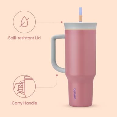 Owala Stainless Steel Triple Layer Insulated Travel Tumbler with Spill Resistant Lid, Straw, and Carry Handle, BPA Free, 40 oz, Dusty Pink (Yoga Rose) - Image 3