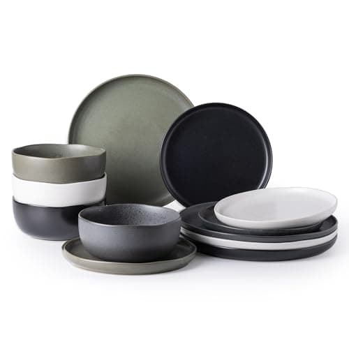 AmorArc Ceramic Dinnerware Sets, Wavy Rim Stoneware Plates and Bowls Sets, Highly Chip and Crack Resistant | Dishwasher & Microwave Dishes set, Service for 4 (12pc)-4 Color - Image 1