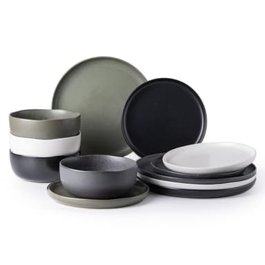 AmorArc Ceramic Dinnerware Sets, Wavy Rim Stoneware Plates and Bowls Sets, Highly Chip and Crack Resistant | Dishwasher & Microwave Dishes set, Service for 4 (12pc)-4 Color - Image 1