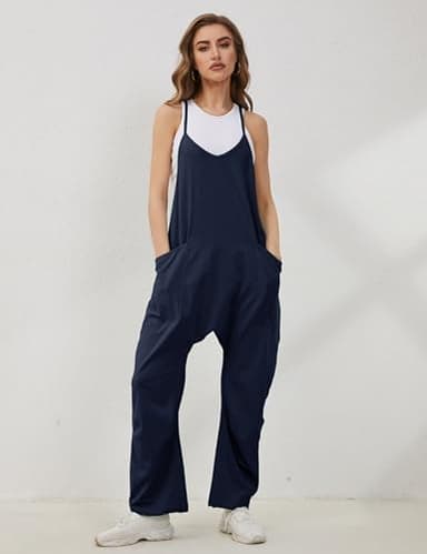 Lentta Women's Causal Jumpsuits V Neck Sleeveless Harem Overalls Stretchy Adjustable Strap Romper with Pockets(DarkBlue-S) - Image 3