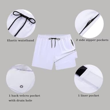 FREDRM Men's Swim Trunks with Compression Liner Quick Dry Bathing Suit Stretch Beach Board Shorts with Zipper Pockets (A-White, M) - Image 5