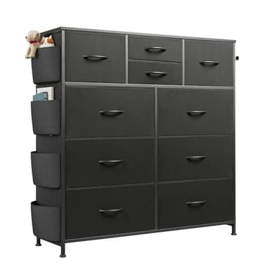WLIVE Dresser for Bedroom with 10 Drawers, Fabric Dresser Chest of Drawers with Side Pockets and Hooks, Sturdy Metal Frame, Drawers Organizer Unit for Living Room, Hallway, Black - Image 9