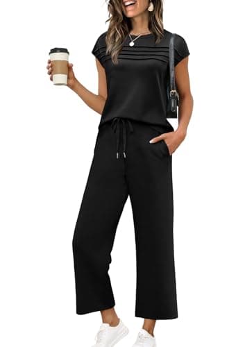 WIHOLL Workout Sets for Women 2 Piece Travel Outfits Summer Lounge Matching Sets Women's Clothing Fashion Travel Vacation Cruise Outfits Crew Neck Cap Sleeve Wide Leg Crop Pants Set 2025 Black M - Image 1
