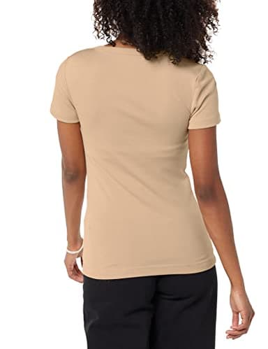 Amazon Essentials Women's Slim-Fit Short-Sleeve Crewneck T-Shirt, Pack of 2, White/Light Camel, X-Large - Image 3
