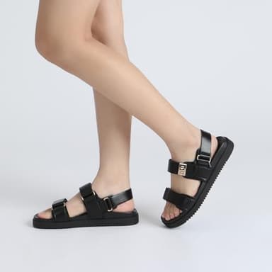 Rihero Women's Flat Sandals Comfort Adjustable Double Strap Slip on Leather Footbed Black Sandals with Back Strap Size 9 - Image 6