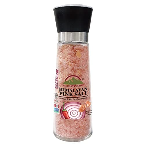 Himalayan Chef Pink Salt with Roasted Onion & Red Crushed Pepper, Tall Glass Grinder, 10.58 Oz - Image 1