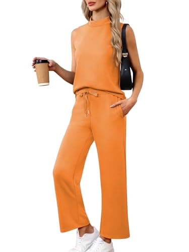 Casly Lamiit Womens Summer Outfits Matching Set Mock Neck Tank Top Crop Pants Tracksuit 2025 Trendy Comfy Clothes Dressy Work Travel Sweatsuit Camellia S - Image 1