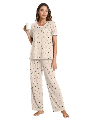 POKWAI 2024 Womens Pajama Sets Short Sleeve Top with Pants Soft Pj Women Pajamas Summer Pajamas for Women(Black Star Beige,Large) - Image 3