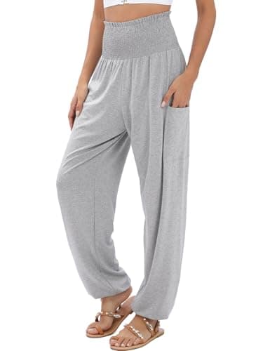 QIANXIZHAN Women's Harem Pants, High Waist Yoga Boho Trousers with Pockets Grey L - Image 1