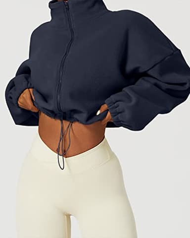 QINSEN Women's Full Zip Fleece Jacket Stand Collar Winter Warm Cropped Outwear Baggy Sherpa Short Coat Navy M - Image 4