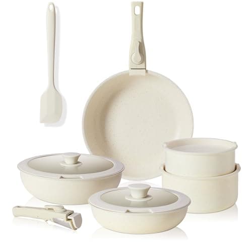 Sweetcrispy 12 pcs Pots and Pans Set, Nonstick Kitchen Induction Cookware Suit with Detachable Handle, Dishwasher Oven Safe, Milky White - Image 1