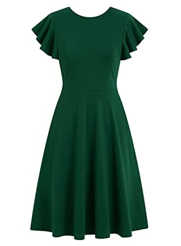 HELYO Wedding Guest Dresses for Womens Elegant Ruffle Sleeves V-Back A-Line Cocktail Party Semi Formal Dress with Pockets 842 Dark Green L - Image 3