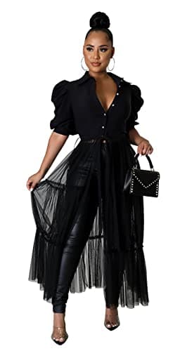 Ekaliy Women's Short Sleeve Round Neck High Low Asymmetrical Irregular Hem Casual Tops Blouse Shirt Dress L Black - Image 1