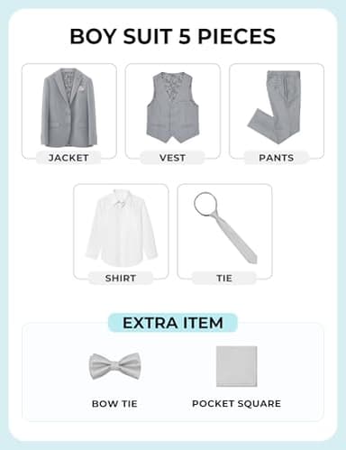 Marvelous World Boys Suits Light Gray Slim Fit Size 10 Formal Suits for Kids Toddler Tuxedos Dresswear Ring Bearer Outfit Boys' Wedding Suits Set Dress Clothes Teen Youth 5-Piece Adjustable Waist - Image 2