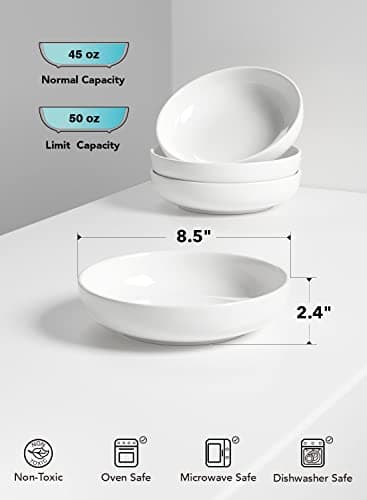LE TAUCI Pasta Bowls 45 oz, Salad Bowls Set for Serving Soup, Pasta, Noodle, Dinner, Large Kitchen Bowl Plates, Microwave Safe - 8.5 Inch, Set of 4, White - Image 4