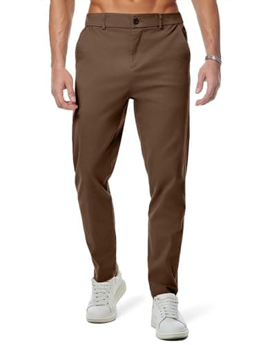 JMIERR Men's Stretch Chino Pants Business Casual Elastic Waist Travel Essentials Pant Slim Fit Tapered Cotton Twill Work Athletic Golf Dress Chocolate Brown Trousers, XL, Coffee - Image 1