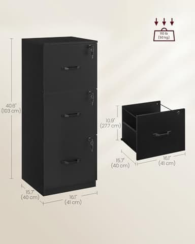 VASAGLE 3 Drawer File Cabinet, File Cabinet with Lock, Printer Stand, Office Filing Cabinet Organizer, for A4 and Letter Size Files, Ink Black UOFC055B16 - Image 3
