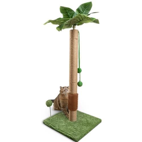 ANWA 35" Tall Cat Scratching Post for Kitten and Large Cats, Scratching Post for Indoor Cats with Self-Grooming Rubber Brush, Cat Sisal Post with Simulated Leaves