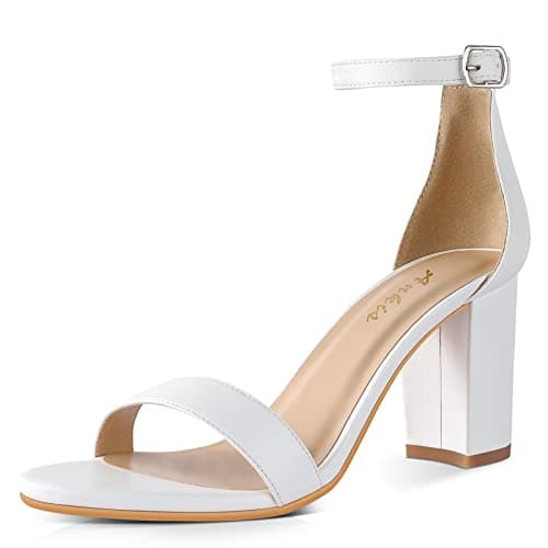Ankis White Heels for Women - Open Toe Ankle Strap Chunky Heel Pump Sandals Party Wedding Strappy Buckle Sandals Standard Size 2.75 Inches Tall Thick Heel Design - Image 1