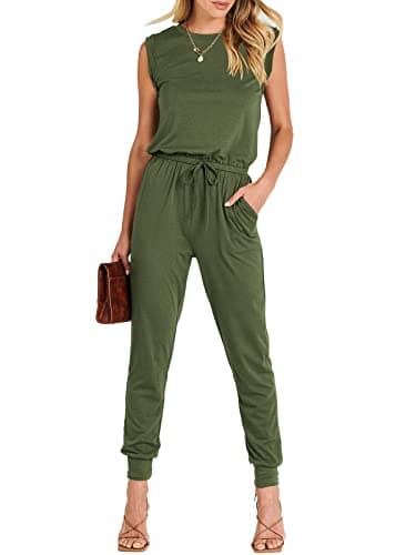 ANRABESS Womens Summer Sleeveless Jumpsuits Casual Dressy Stretchy Crewneck Rompers One Piece Outfits Fall Fashion 2025 Army Green Small - Image 1
