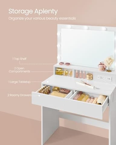 VASAGLE Vanity Desk with Power Outlets, Makeup Vanity with Mirror and Lights, with Upholstered Vanity Stool, 9 Dimmable LED Lights, 2 Compartments, 2 Drawers, for Bedroom, Cloud White URDT029W01 - Image 5