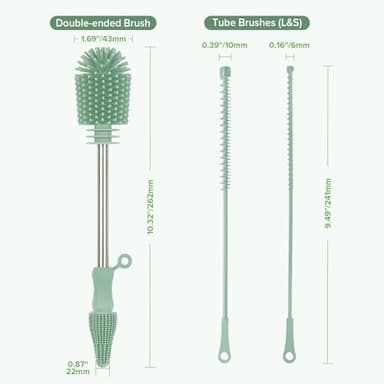 haakaa Silicone Cleaning Brush Kit - Baby Bottle Brush Cleaner for Breast Pump,Nipple,Breast Milk Storage Bag,Reusable Straw,Sippy Cup - Food Grade Silicone Bristles, Portable - 3 Pcs - Pea Green - Image 8