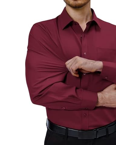Alimens & Gentle Burgundy Dress Shirt for Men Long Sleeve Wrinkle Free Stretch Christmas Casual Button Down Shirt with Pocket - Image 3
