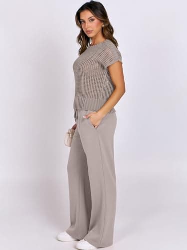 ANRABESS Women Two Piece Outfits Crochet Sheer Knit Sweater Top Wide Leg Pants Lounge Matching Sets Sweatsuit Travel Clothes light khaki Medium - Image 9