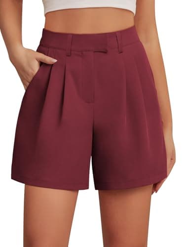 Feiersi Womens Casual Elastic Waist Wide Leg Suit Tailored Shorts Summer Dressy Work Shorts with Pockets(Wine Red,Small) - Image 1
