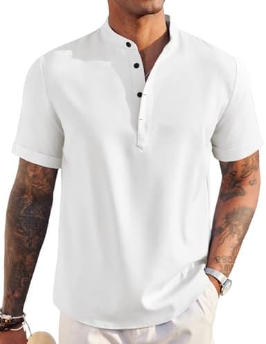 COOFANDY Men's Casual Henley Shirt Band Collar Short Sleeve Shirt Summer Beach Hippie Shirt - Image 1