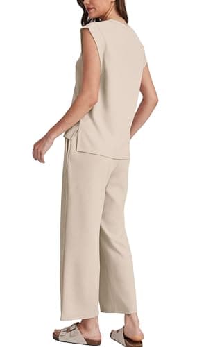 OFEEFAN Two Piece Sets for Women Summer Luxury Women Fahsion Lounge Set Cruise Airport Going Out Outfits Trendy Cap Sleeve Wide Leg Beige S - Image 6