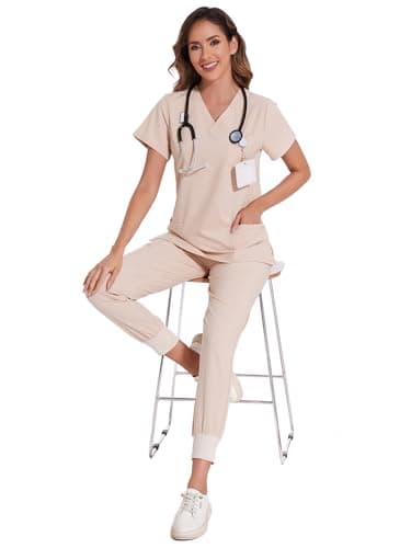 COZYFIT Scrubs for Women Set - Stretch V-Neck Scrub Top & Jogger Pant with 8 Pockets, Yoga Waistband, Anti Wrinkle, Slim Fit Women Scrubs - Light Khaki, 4XL, Tall - Image 6