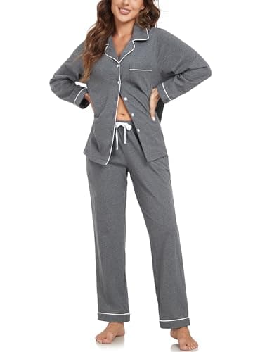 EA'S SECRET Womens Cotton Pajama Sets Long Sleeve Sleepwear Soft Button Down Loungewear Nightwear Pjs Set with Pocket S-XXL (Deep Grey,L) - Image 1