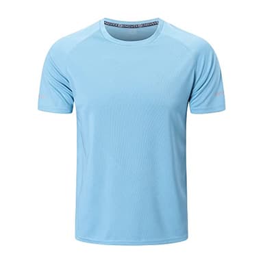 frueo Men's 3 Pack Workout Shirts Quick Dry Moisture Wicking Short Sleeve Mesh Athletic T-Shirts,Black Grey Light Blue,M - Image 2