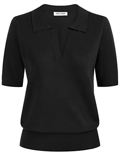 Kate Kasin Women Lapel Knitted Pullover Sweater Short Sleeve Lightweight Ribbed V-Neck Casual Loose Tops Black M - Image 1